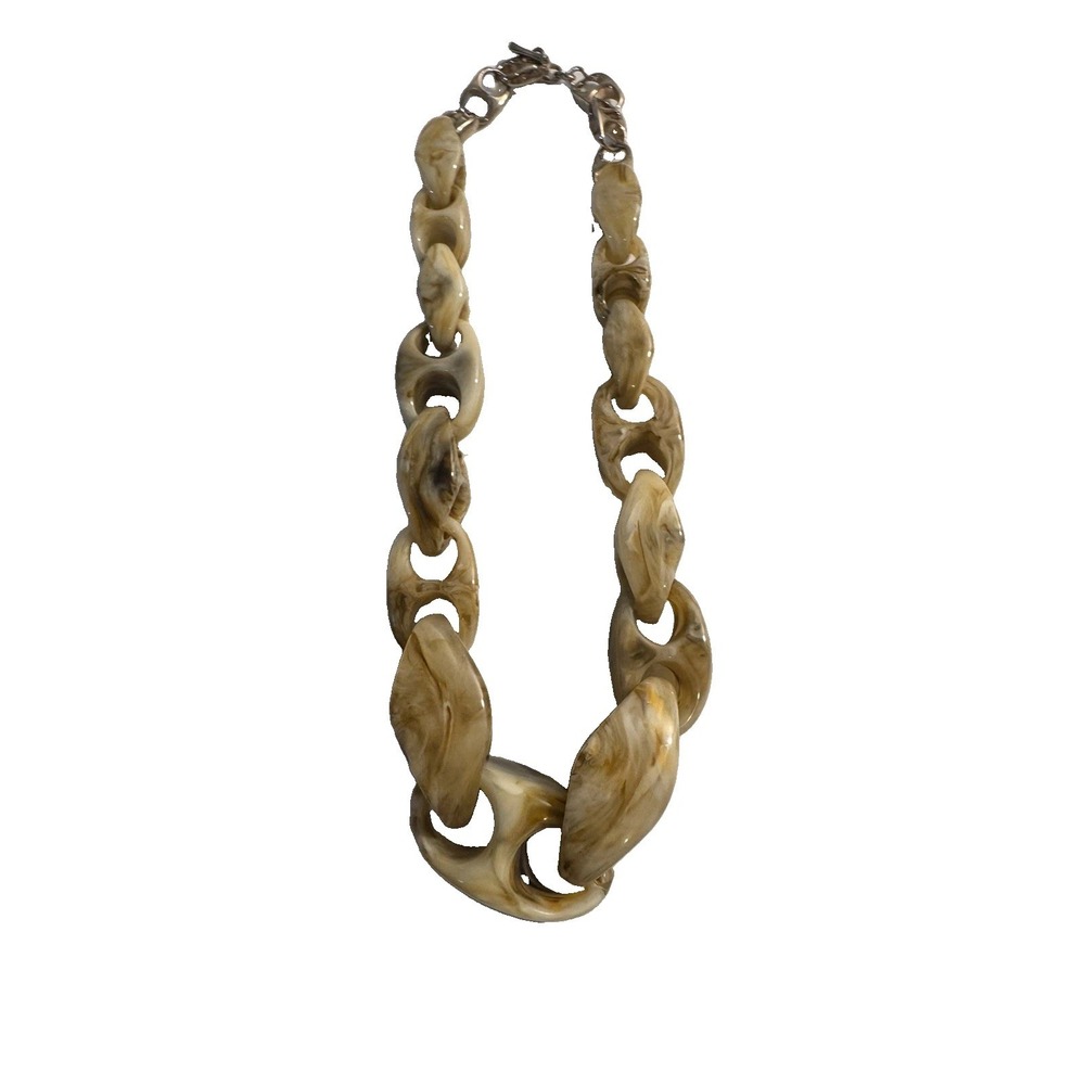 Vintage Chunky Marbled Beige Resin Chain Link Statement Necklace 18in Retro